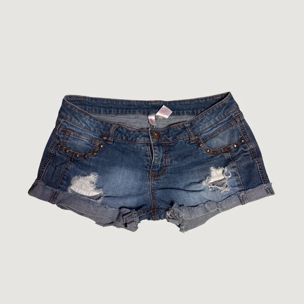 Y2K No Boundaries Studded Distressed Denim Micro Mini Shorts Blue Low Rise #16